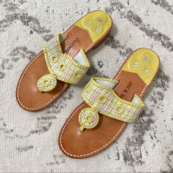 Jack Rogers Navajo Yellow Pastel Multi Plaid Leather Flip Flop Sandals 9 - Picture 4 of 9